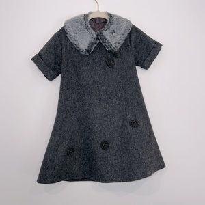 Bufi Grey Wool Dress w/ flower accents and detachable faux fur collar | 2T